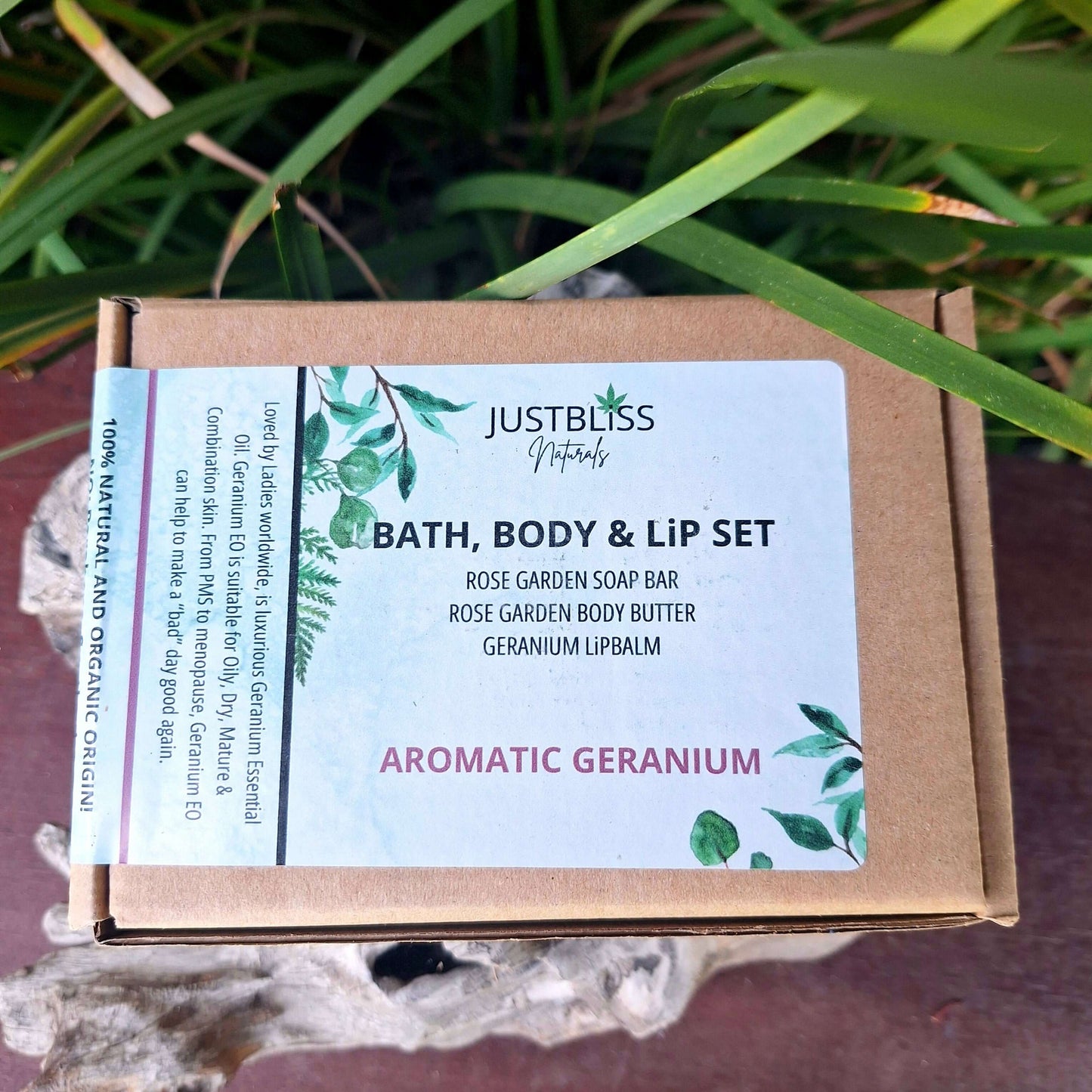 GIFT BOX: Bath, Body & Lip Set Aromatic Geranium - JUSTBLiSS Naturals