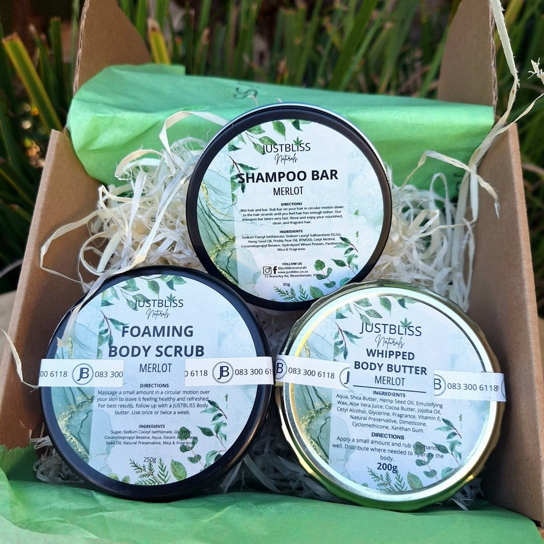 GIFT BOX: Merlot Whipped Body Butter, Shampoo Bar in Tin and Foaming Body Scrub JUSTBLiSS Naturals