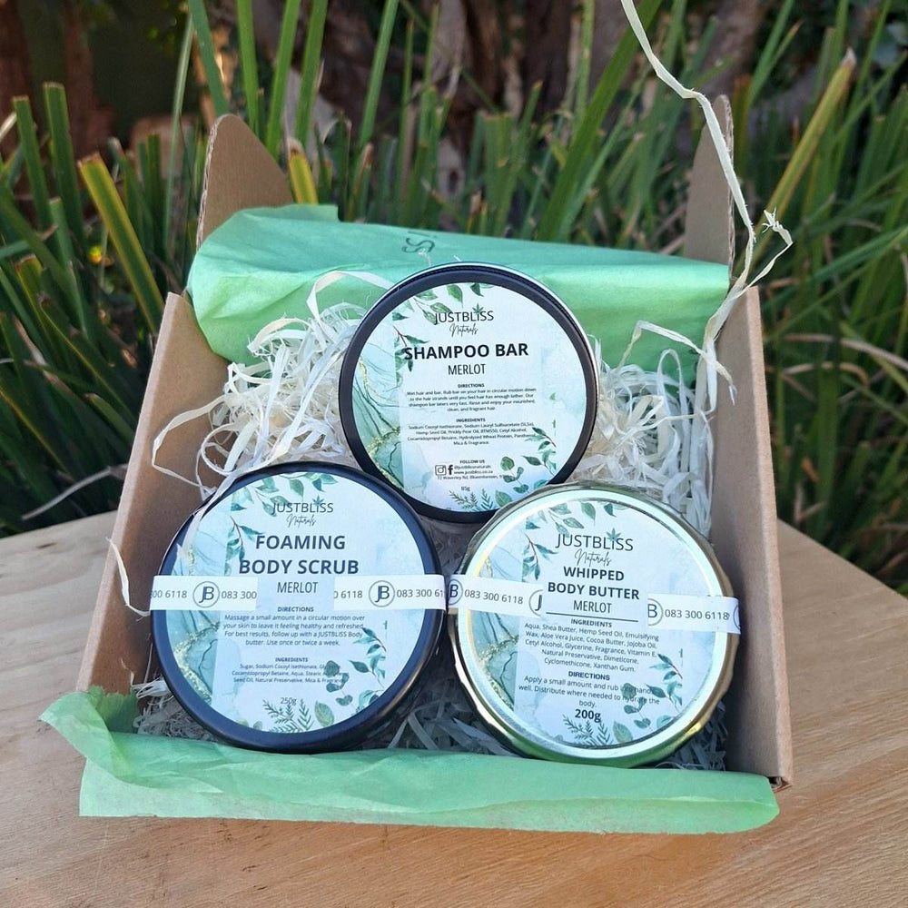 BUNDLES: Merlot Whipped Body Butter, Shampoo Bar in Tin and Foaming Body Scrub - JUSTBLiSS Naturals
