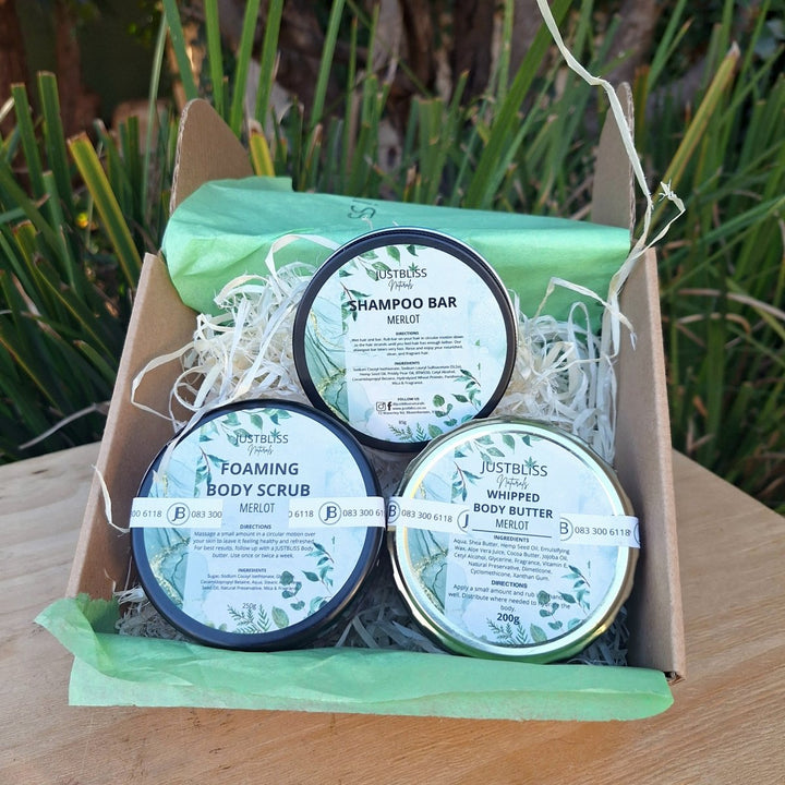 GIFT BOX: Merlot Whipped Body Butter, Shampoo Bar in Tin and Foaming Body Scrub JUSTBLiSS Naturals