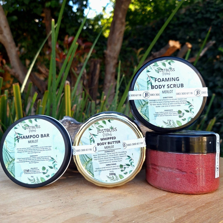 GIFT BOX: Merlot Whipped Body Butter, Shampoo Bar in Tin and Foaming Body Scrub JUSTBLiSS Naturals
